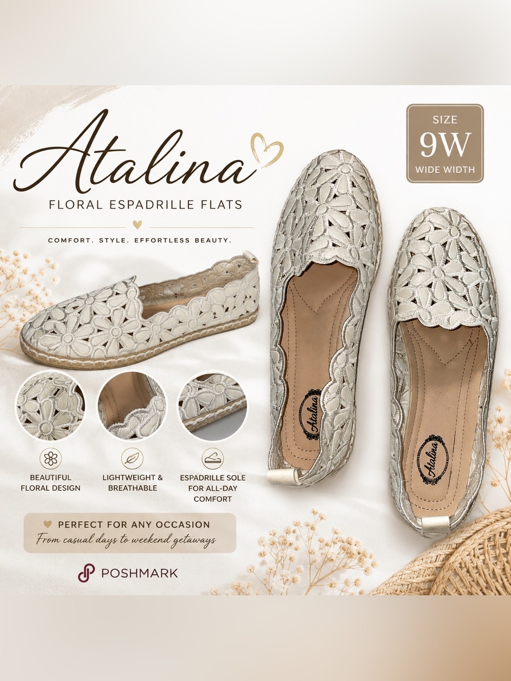 Pearl Floral Lace Espadrille Flats Wide Width 9W Comfortable Slip-On Shoes